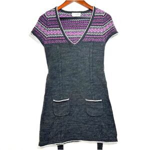 Belle Du Tour Small Wool Fair Isle Tied A-Line Sweater Dress V-Neck Pockets Knit